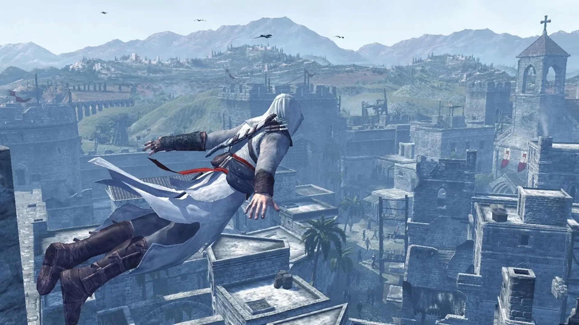 Cảnh Altaïr thực hiện pha ám sát từ trên cao trong Assassin's Creed, thể hiện cơ chế ám sát lén lút và sát thương chí mạng.