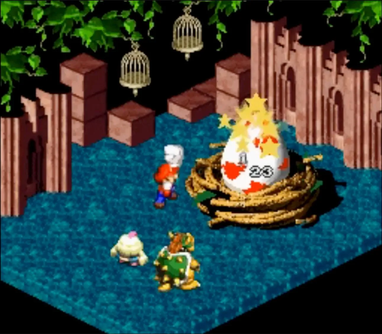 Cảnh chiến đấu trong Super Mario RPG trên Super Nintendo, game nhập vai Mario hiếm có