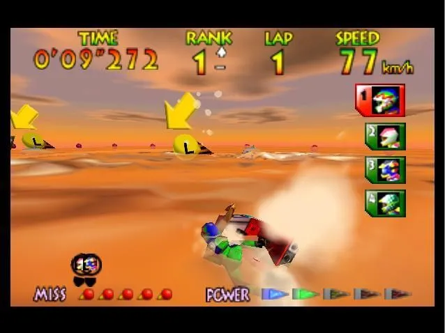 Cảnh đua mô tô nước tốc độ cao trong Wave Race 64, tựa game kinh điển trên Nintendo 64 với hiệu ứng nước chân thực đáng kinh ngạc.