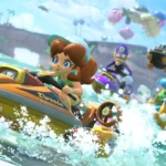 Cảnh đua xe đông đúc trong Mario Kart World với nhiều nhân vật Mario