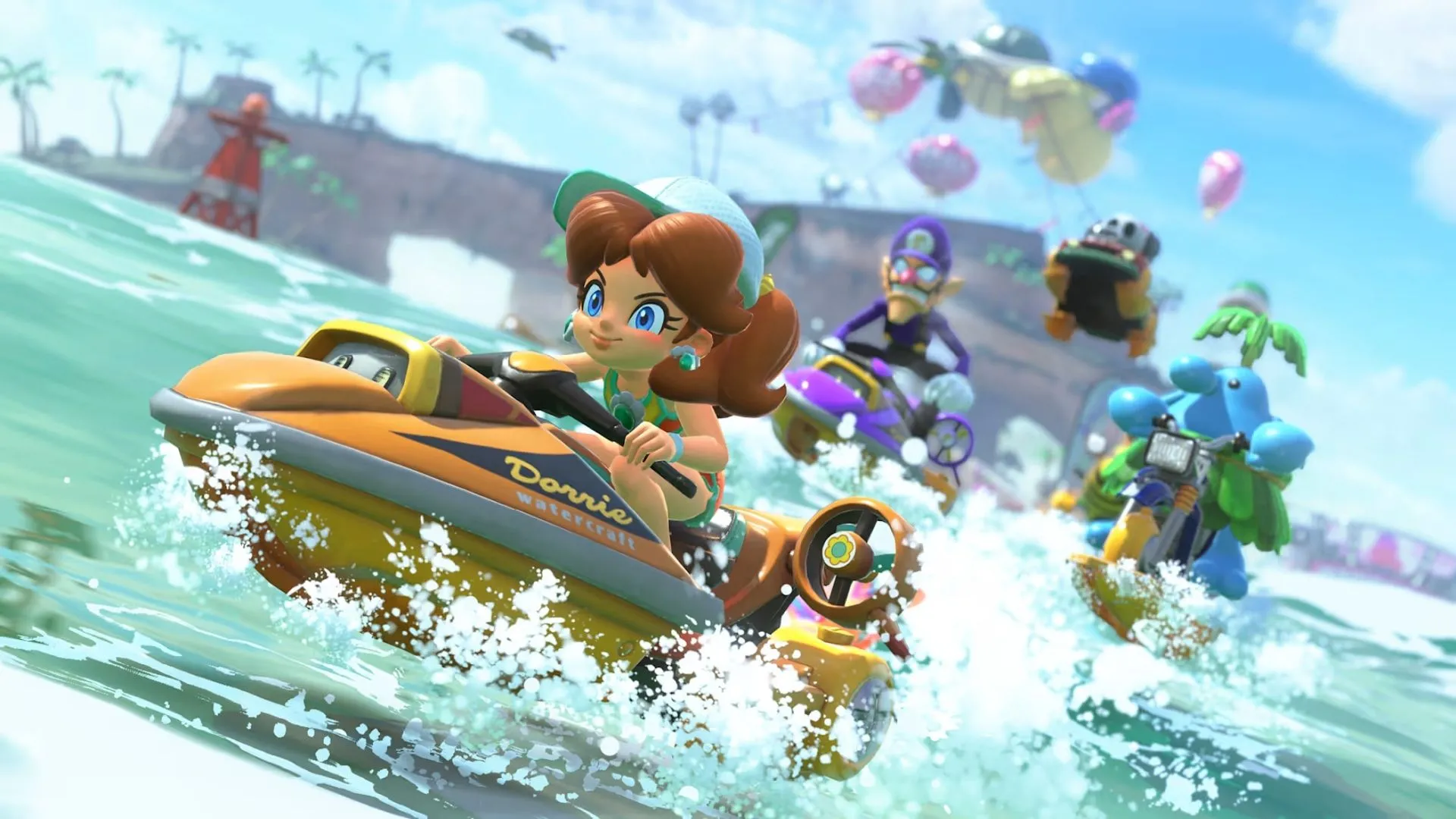 Cảnh đua xe đông đúc trong Mario Kart World với nhiều nhân vật Mario