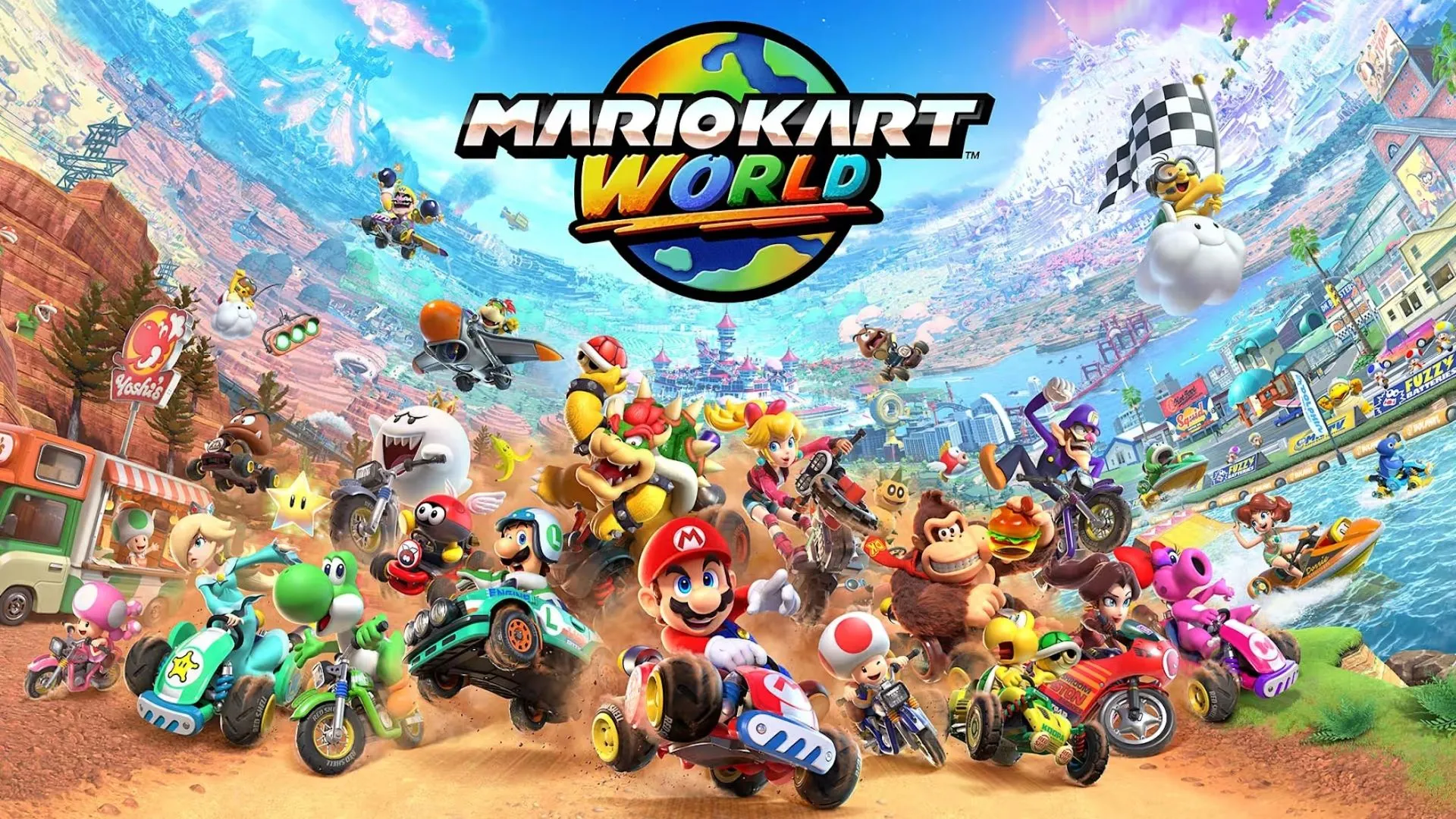 Cảnh đua xe trong Mario Kart World với Luigi trên đường đua nhiều màu sắc