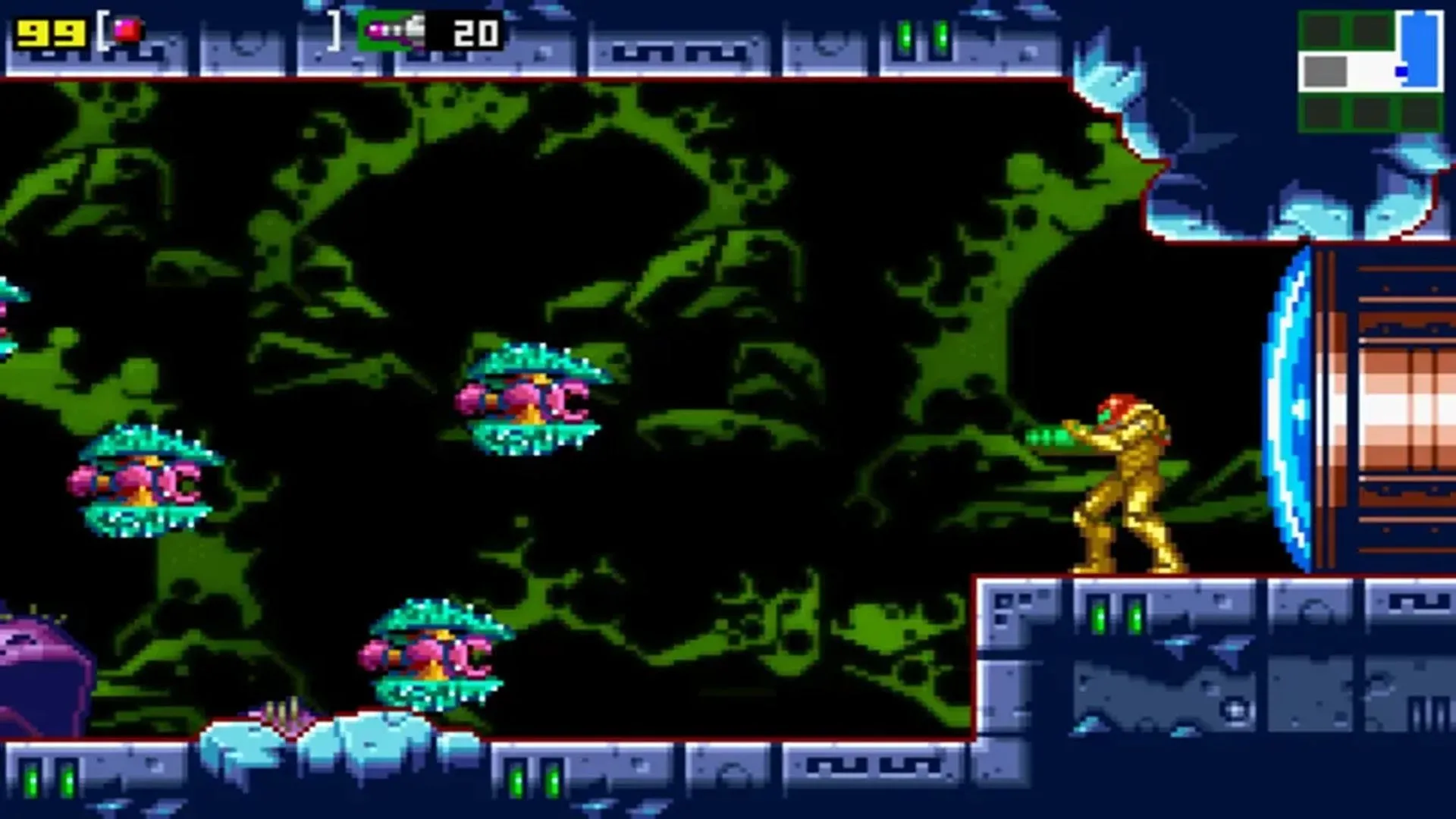 Cảnh gameplay từ Metroid: Zero Mission, phiên bản làm lại của game Metroid đầu tiên trên GBA