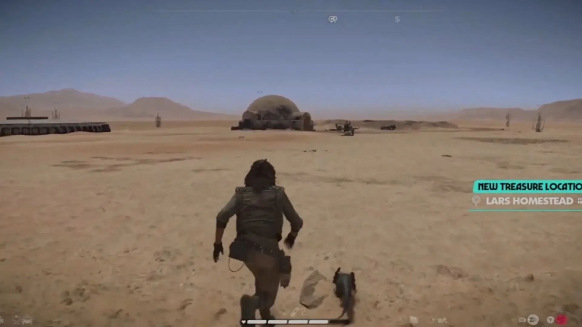 Cảnh Lars Homestead trên hành tinh Tatooine trong Star Wars Outlaws với phi thuyền và sa mạc đặc trưng.