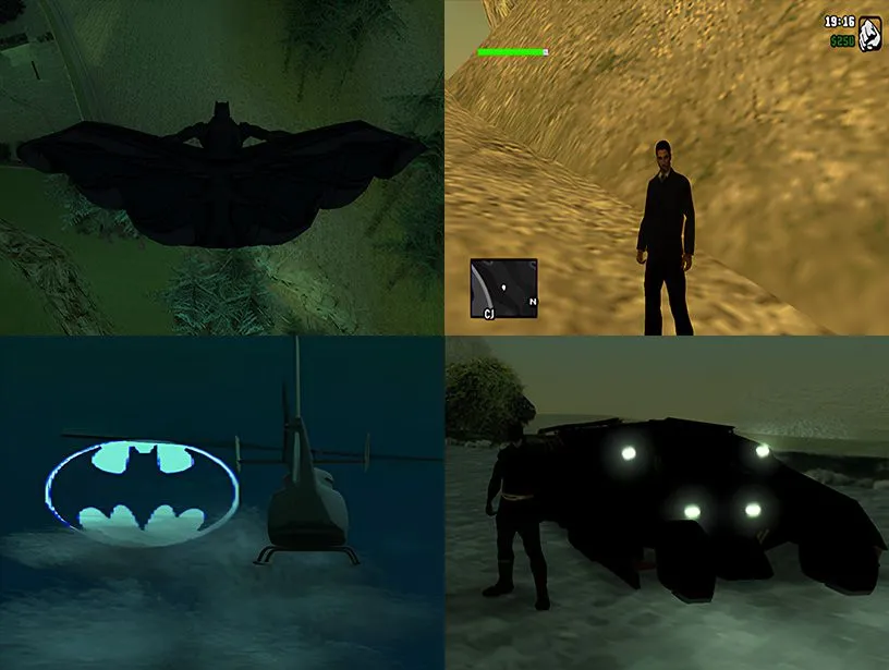 Cảnh quay mod Batman Dark Knight trên GTA San Andreas với Batmobile và Batman