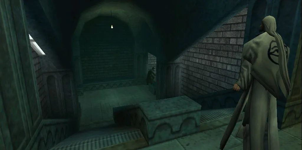 Cảnh trong game Blood II: The Chosen với hai nhân vật đứng trên bậc thang đá