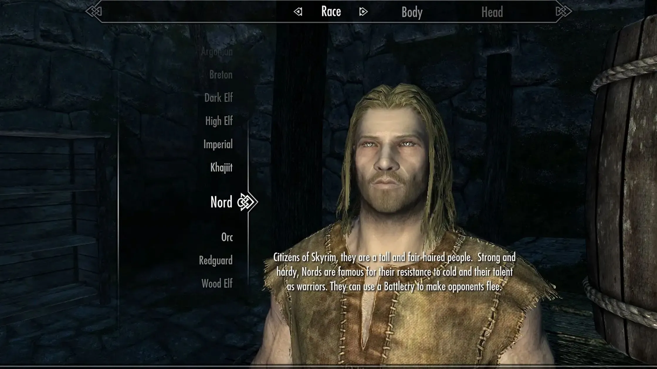 Cảnh trong game của mod Alternate Start trong Skyrim, hiển thị màn hình chọn điểm khởi đầu mới