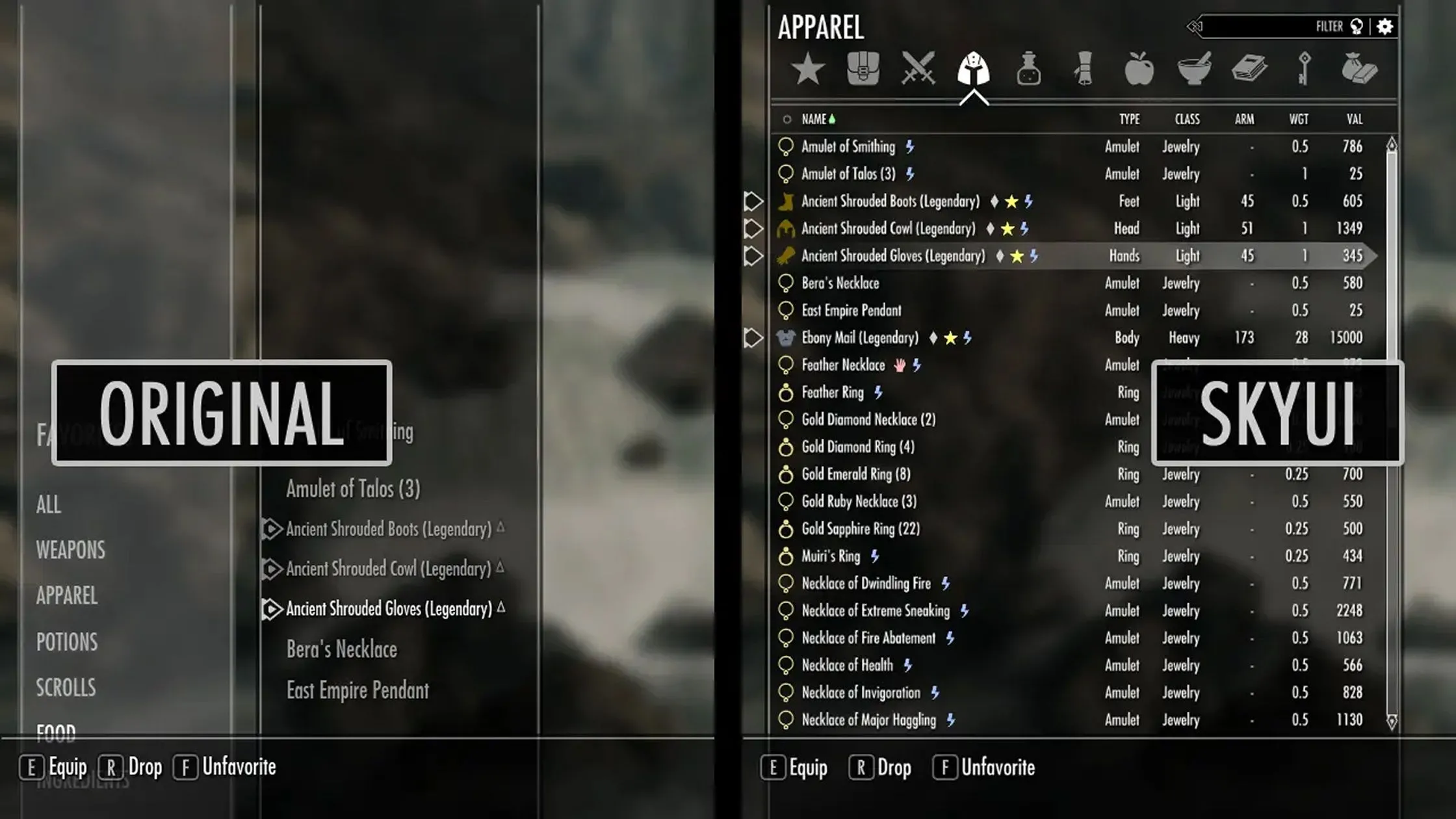 Cảnh trong game của mod SkyUI trong Skyrim, hiển thị giao diện người dùng được cải thiện với các cột và biểu tượng rõ ràng