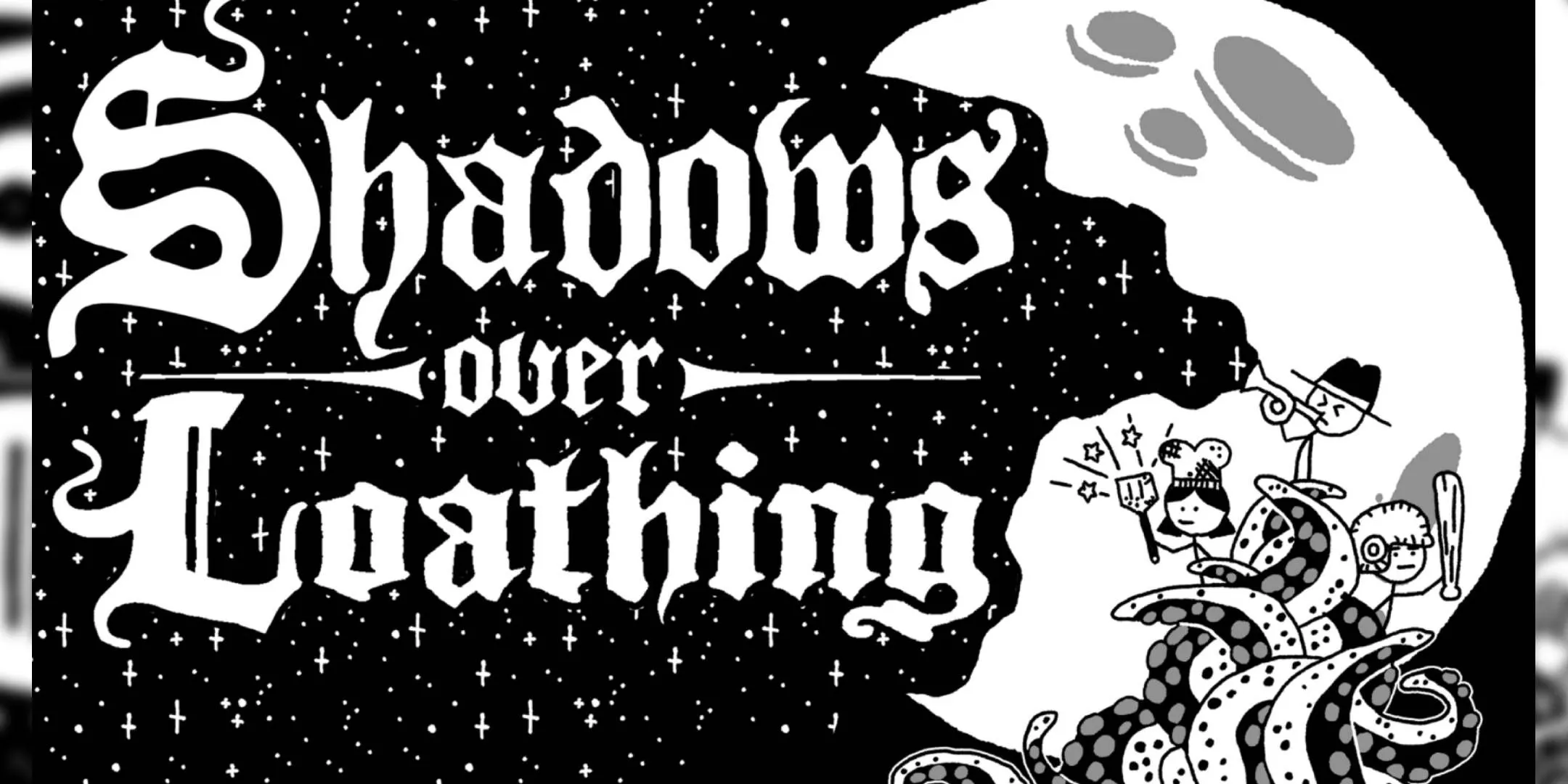 Cảnh trong game Shadows Over Loathing với nhân vật người que chiến đấu, môi trường vẽ tay và phong cách gothic kinh dị hài hước