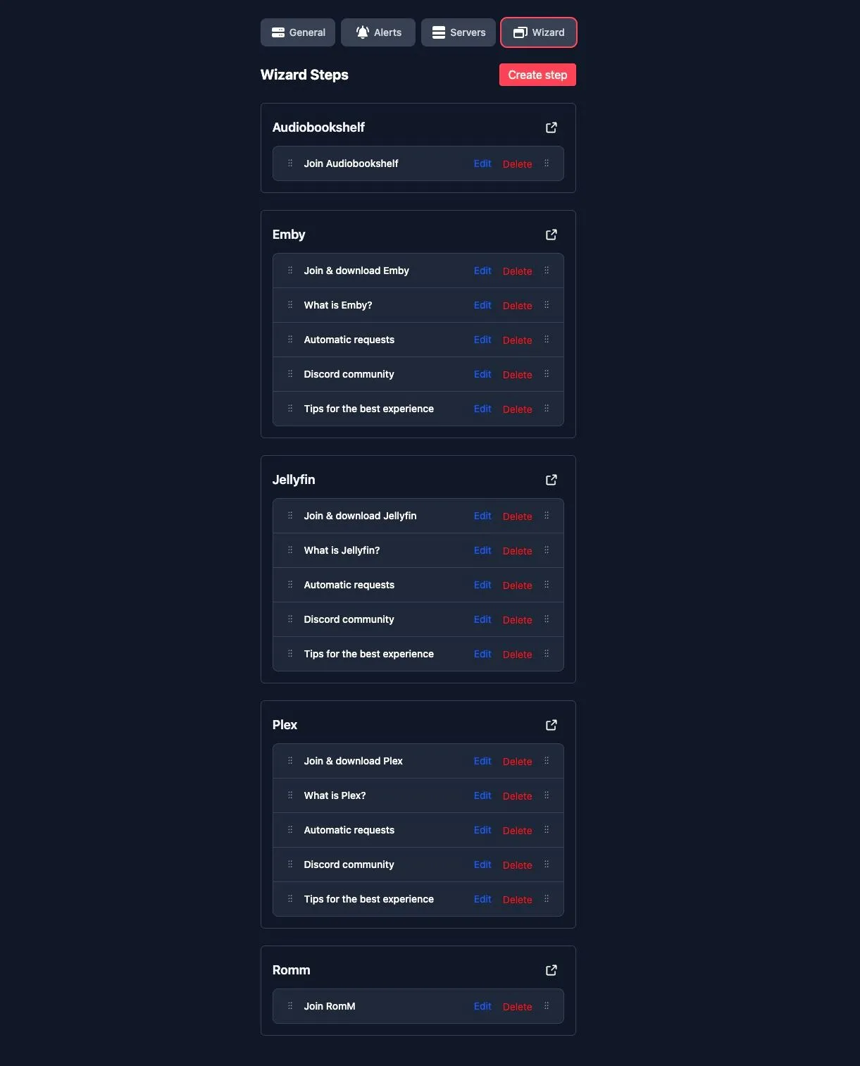 Cấu hình các bước hướng dẫn onboarding tùy chỉnh trong Wizarr, sử dụng Markdown để tạo quy trình thiết lập rõ ràng cho người dùng mới