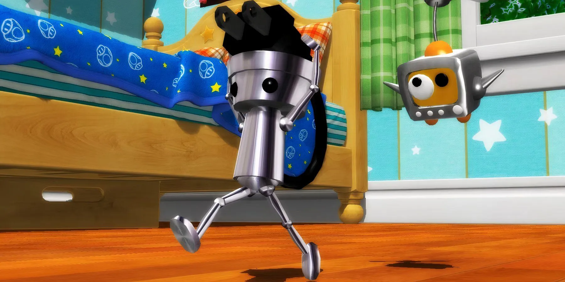 Chibi-Robo, chú robot nhỏ bé và đáng yêu, đang dọn dẹp trong một cảnh game từ Chibi-Robo! trên Nintendo GameCube, một tựa game phiêu lưu hành động độc đáo.