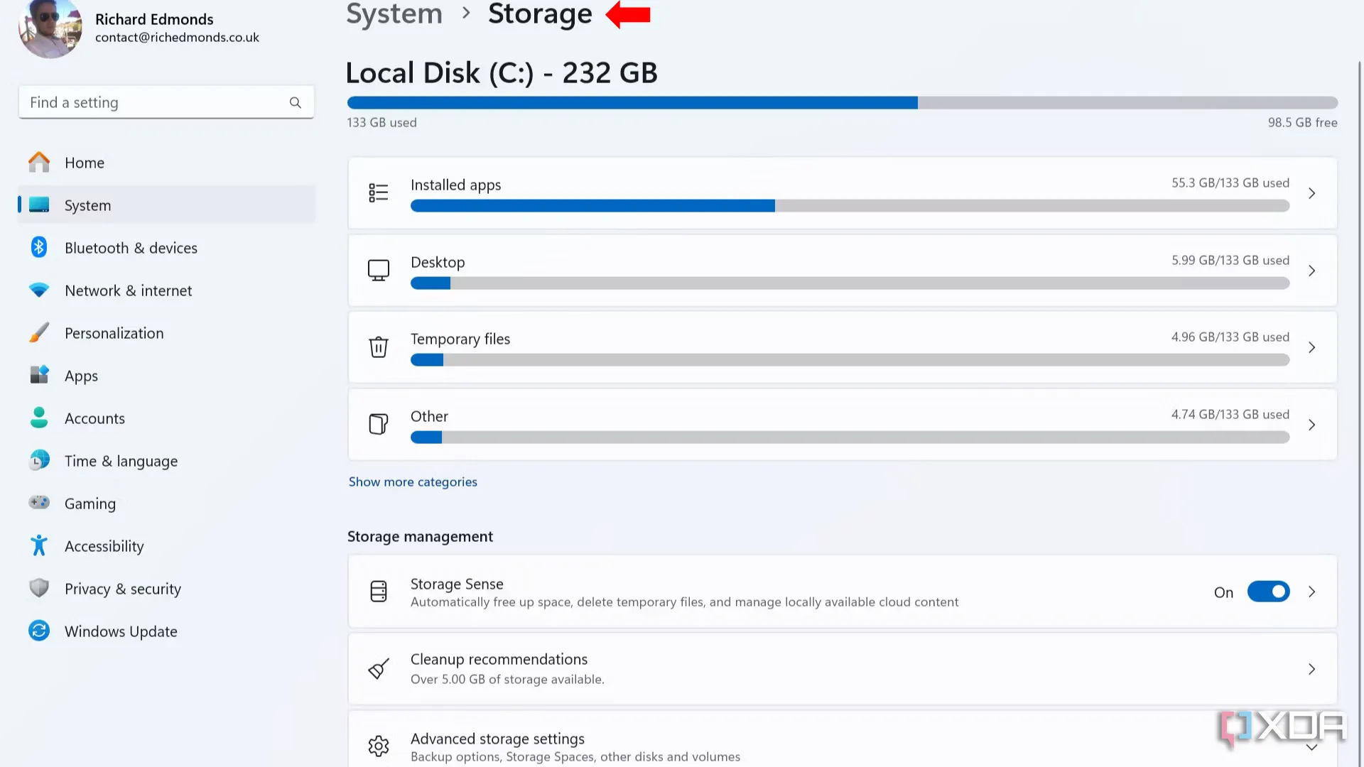 Chọn mục Lưu trữ (Storage) trong Cài đặt Windows 11