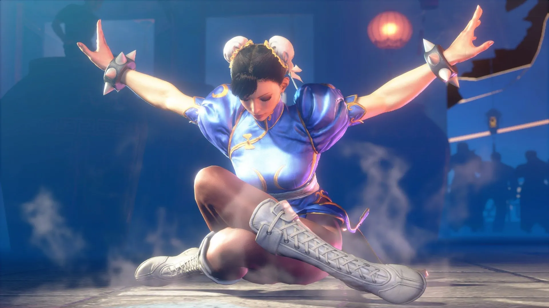 Chun-Li tung chiêu trong game Street Fighter 6 với trang phục Qipao đặc trưng và mái tóc búi