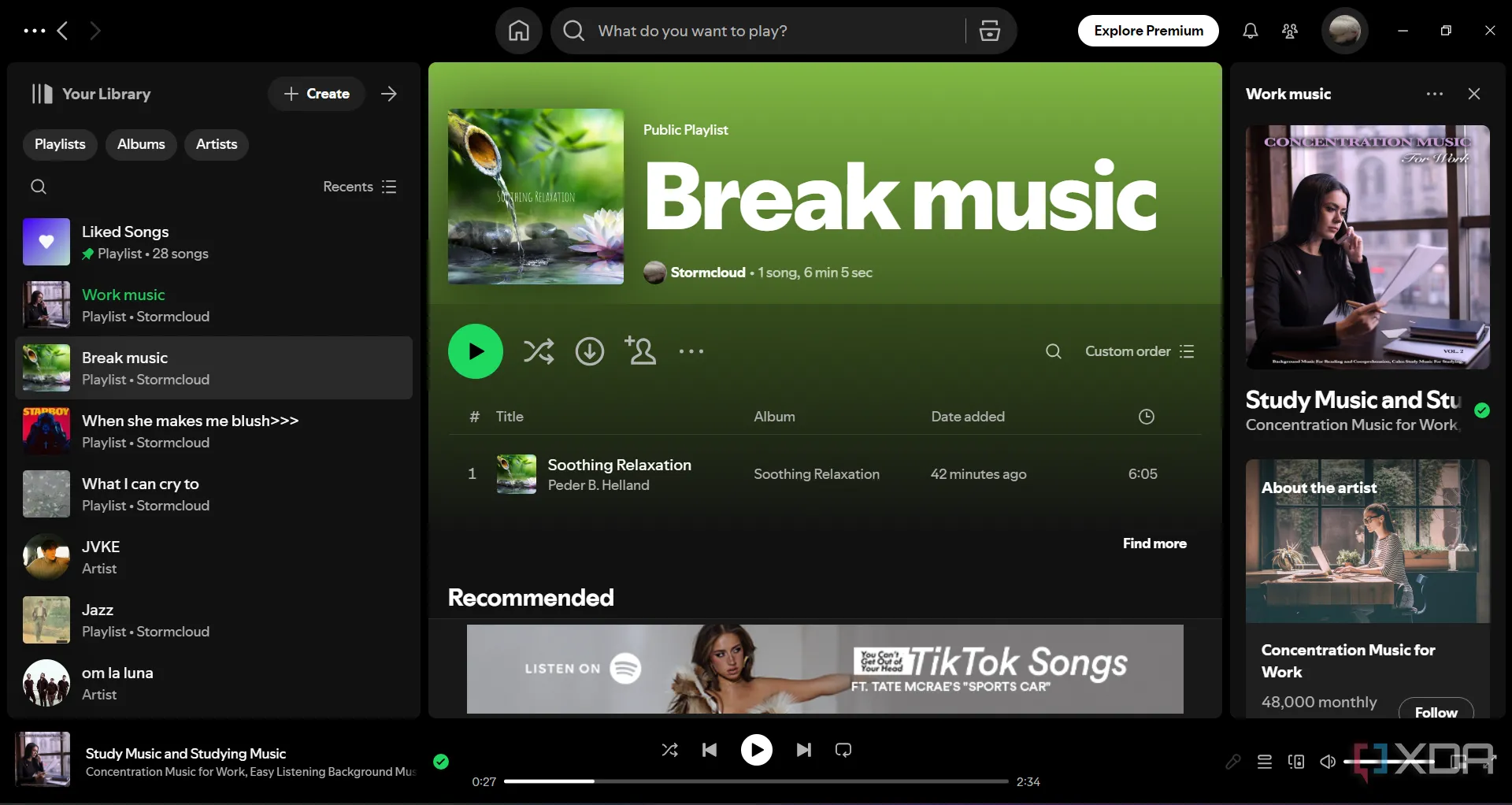 Chụp màn hình hiển thị danh sách phát nhạc riêng biệt cho công việc và nghỉ ngơi trên Spotify