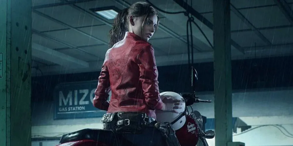 Claire Redfield trên xe máy trong Resident Evil 2, thể hiện sự mạnh mẽ