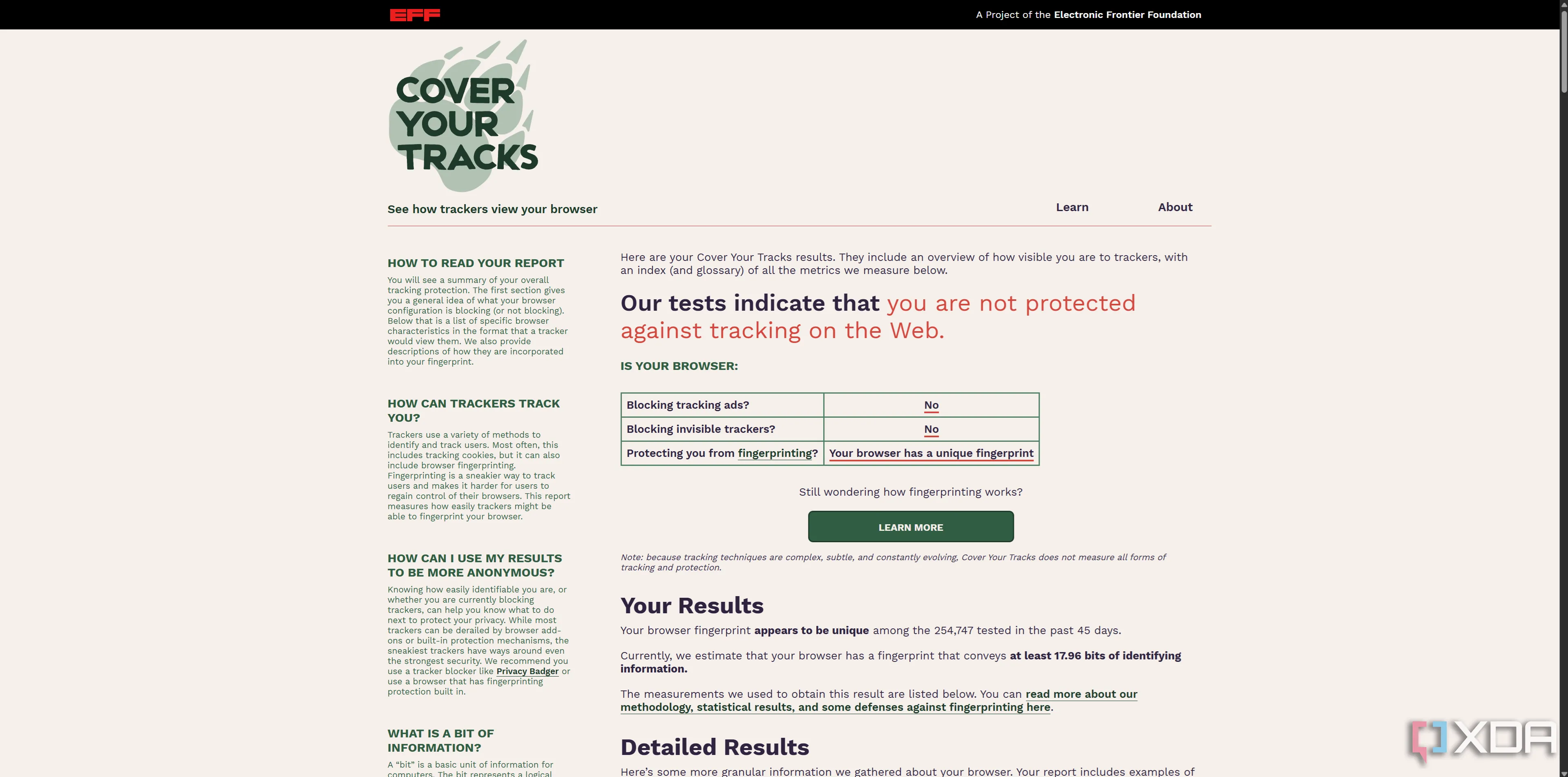 Công cụ &quot;Cover your Tracks&quot; của EFF, phân tích khả năng nhận diện dấu vân tay trình duyệt trên Google Chrome.