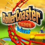 Công viên giải trí RollerCoaster Tycoon với tàu lượn siêu tốc đầy màu sắc, minh họa đồ họa pixel kinh điển.