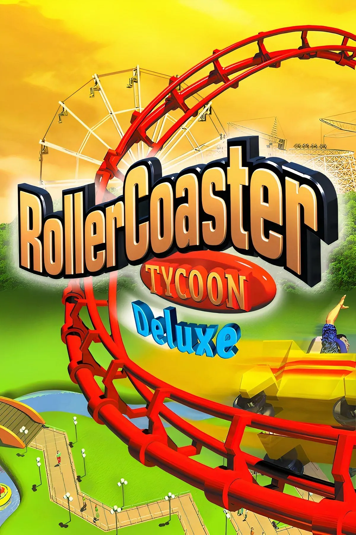 Công viên giải trí RollerCoaster Tycoon với tàu lượn siêu tốc đầy màu sắc, minh họa đồ họa pixel kinh điển.