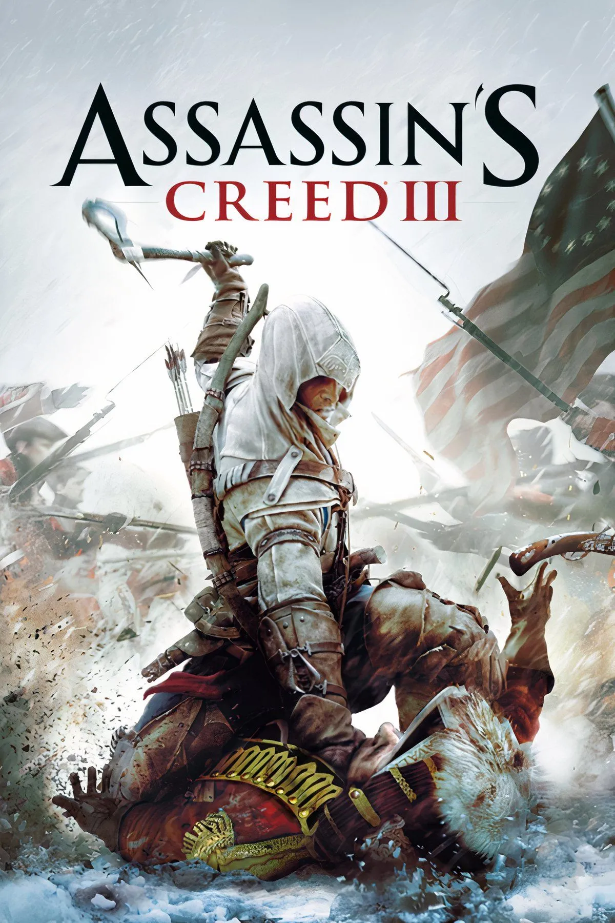 Connor Kenway dùng rìu tomahawk tấn công kẻ thù trong trận chiến đẫm máu của Assassin's Creed III, nổi bật lối chiến đấu tàn bạo