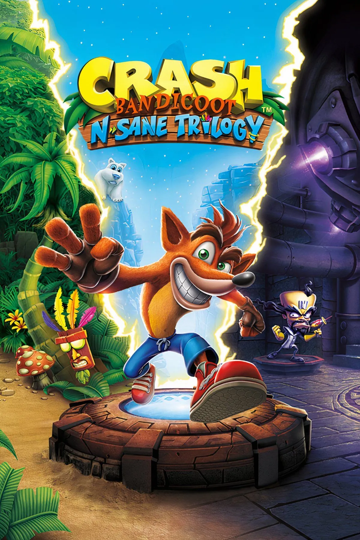 Crash Bandicoot trong đồ họa remastered, nhảy qua chướng ngại vật trong một màn chơi rừng rậm