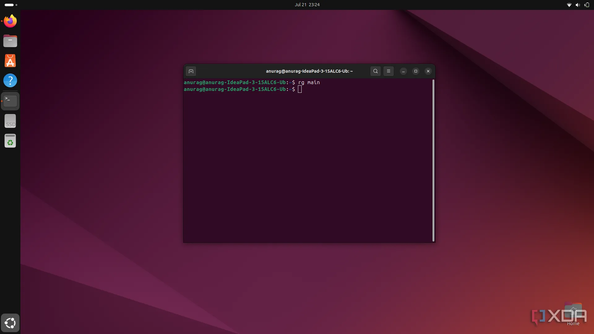 Cửa sổ Terminal hiển thị kết quả tìm kiếm của Ripgrep trên Ubuntu