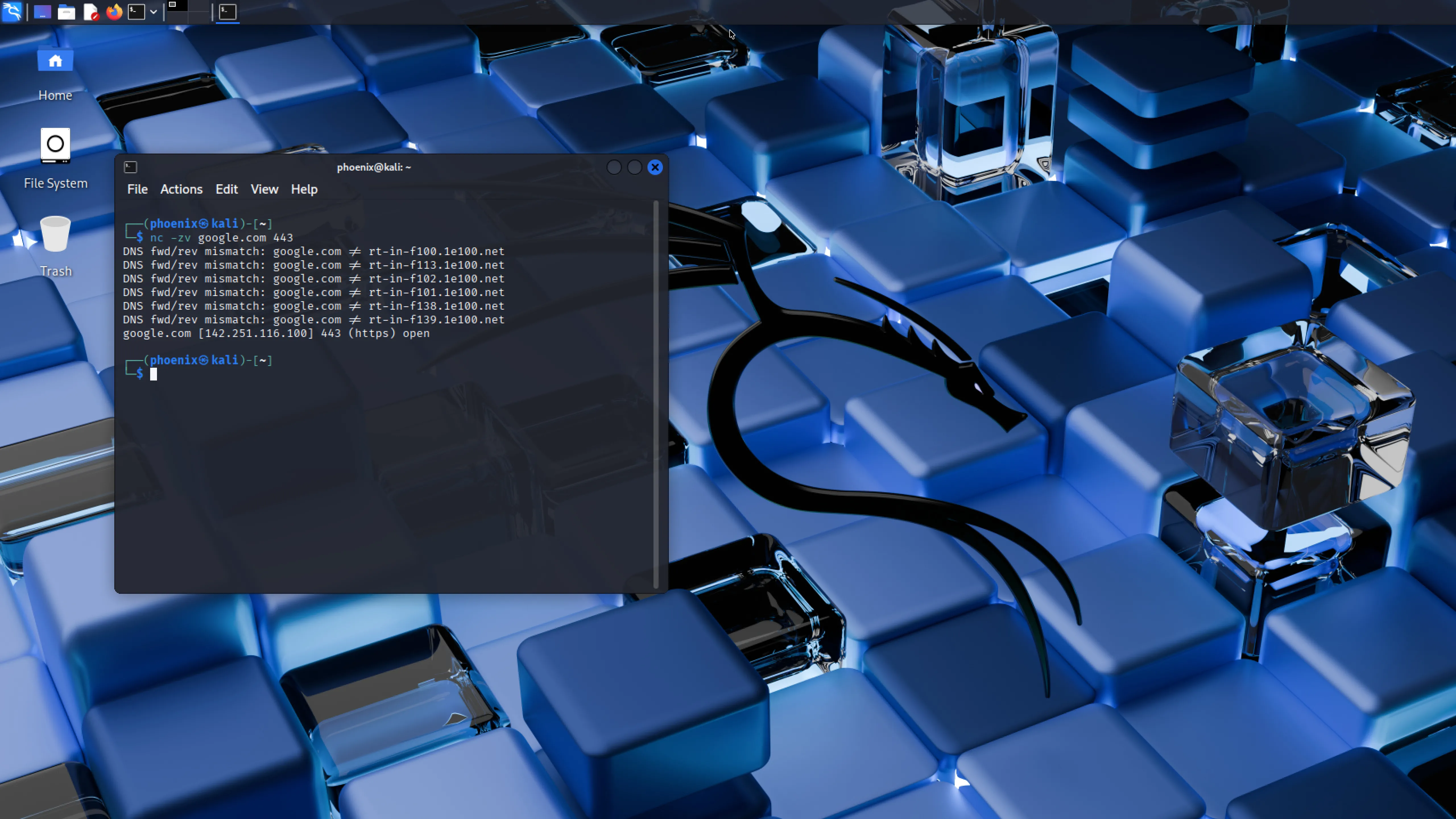 Cửa sổ terminal hiển thị lệnh và kết quả từ Netcat, công cụ đa năng dùng để kiểm tra kết nối mạng và gỡ lỗi hệ thống.