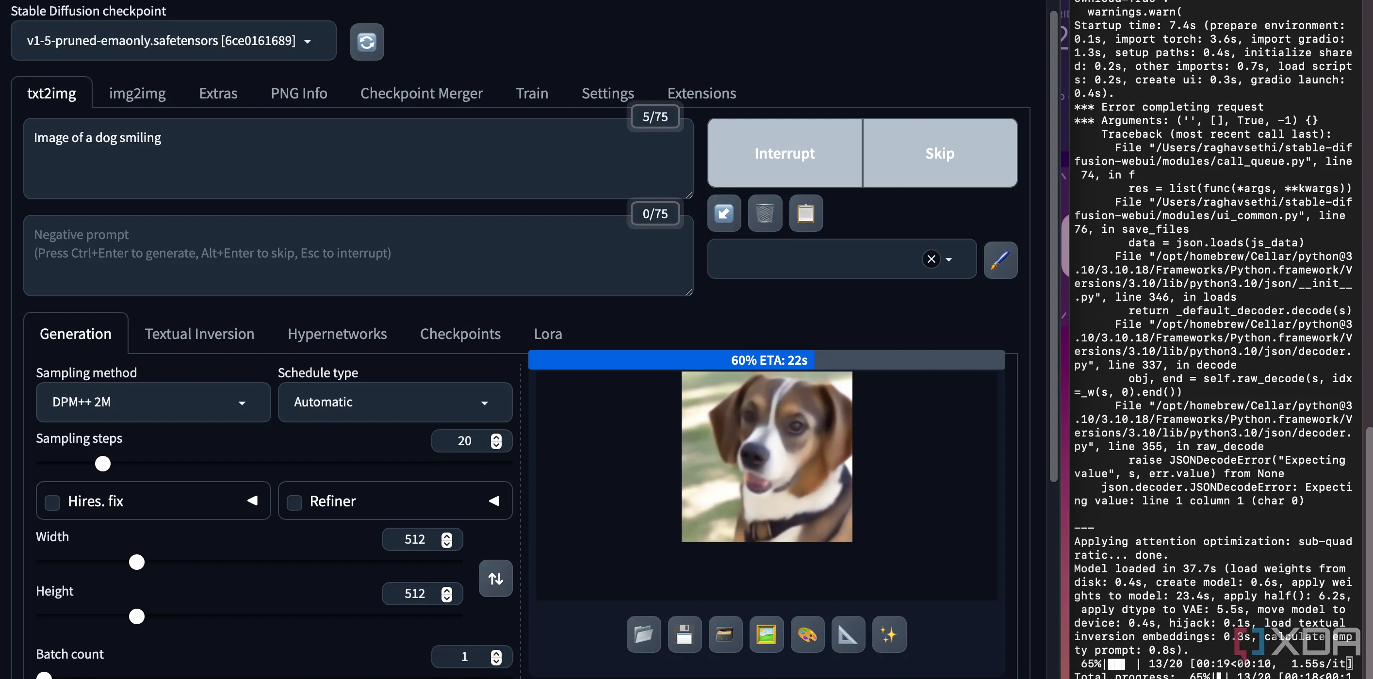 Cửa sổ terminal hiển thị quá trình Stable Diffusion Web UI tạo ảnh chó