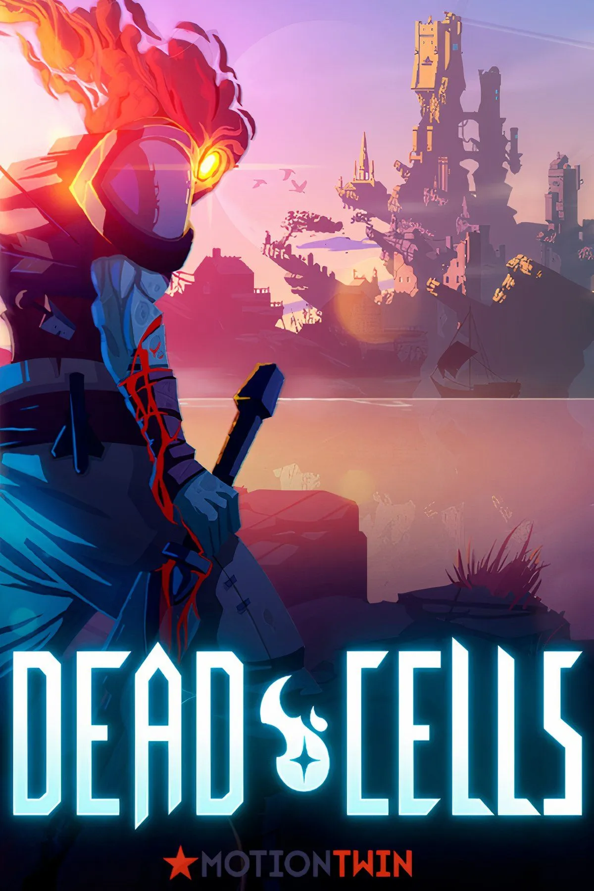 Dead Cells với nhân vật chính không đầu cầm vũ khí chiến đấu với quái vật trong một ngục tối pixel art đầy màu sắc.