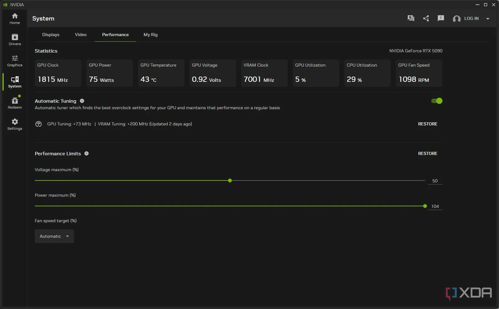 Điều chỉnh hiệu suất tự động trong ứng dụng Nvidia app để tối ưu card đồ họa
