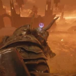 Đồ chơi Atlan Mech đang nằm trên vai cỗ máy khổng lồ trong Doom The Dark Ages