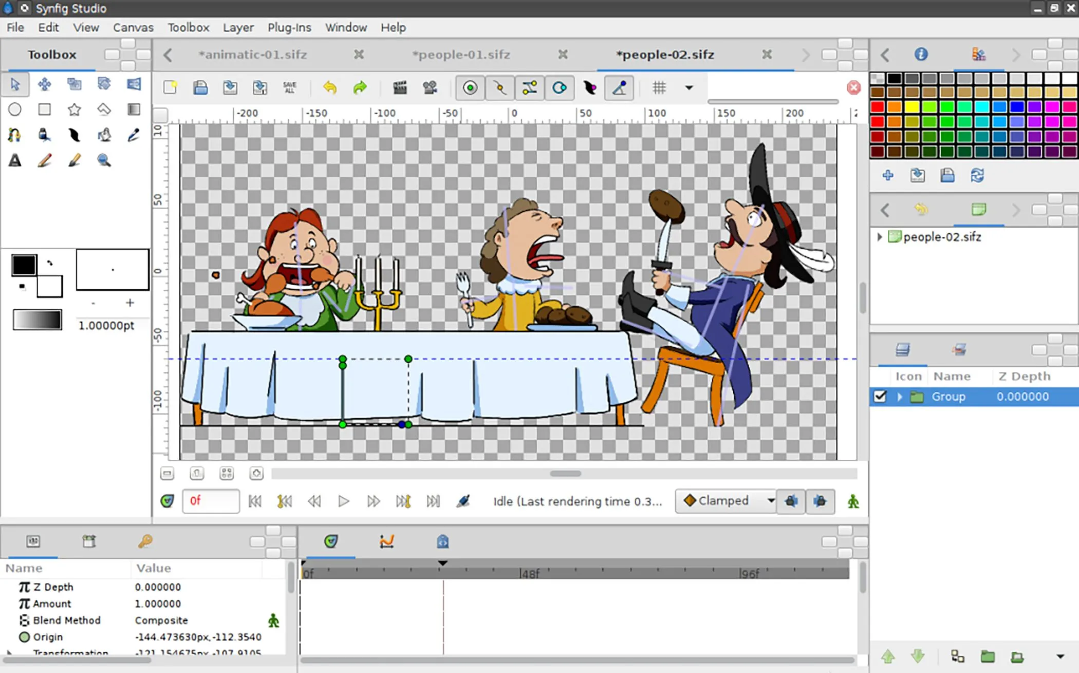 Dòng thời gian hoạt hình chi tiết trong Synfig Studio, với các lớp và khung hình chính, giúp người dùng kiểm soát và chỉnh sửa các chuỗi hoạt ảnh một cách hiệu quả