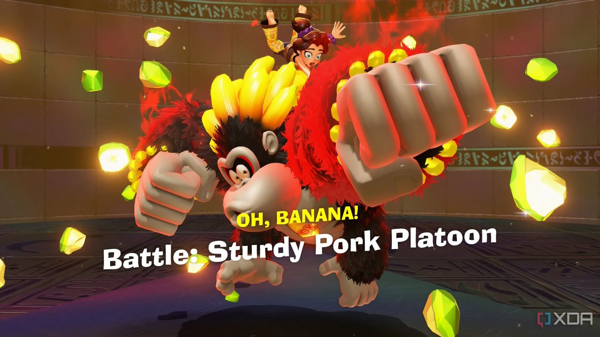 Donkey Kong trong hình dạng Bananza Form mạnh mẽ đang khám phá và tìm thấy viên ngọc Banandium quý hiếm
