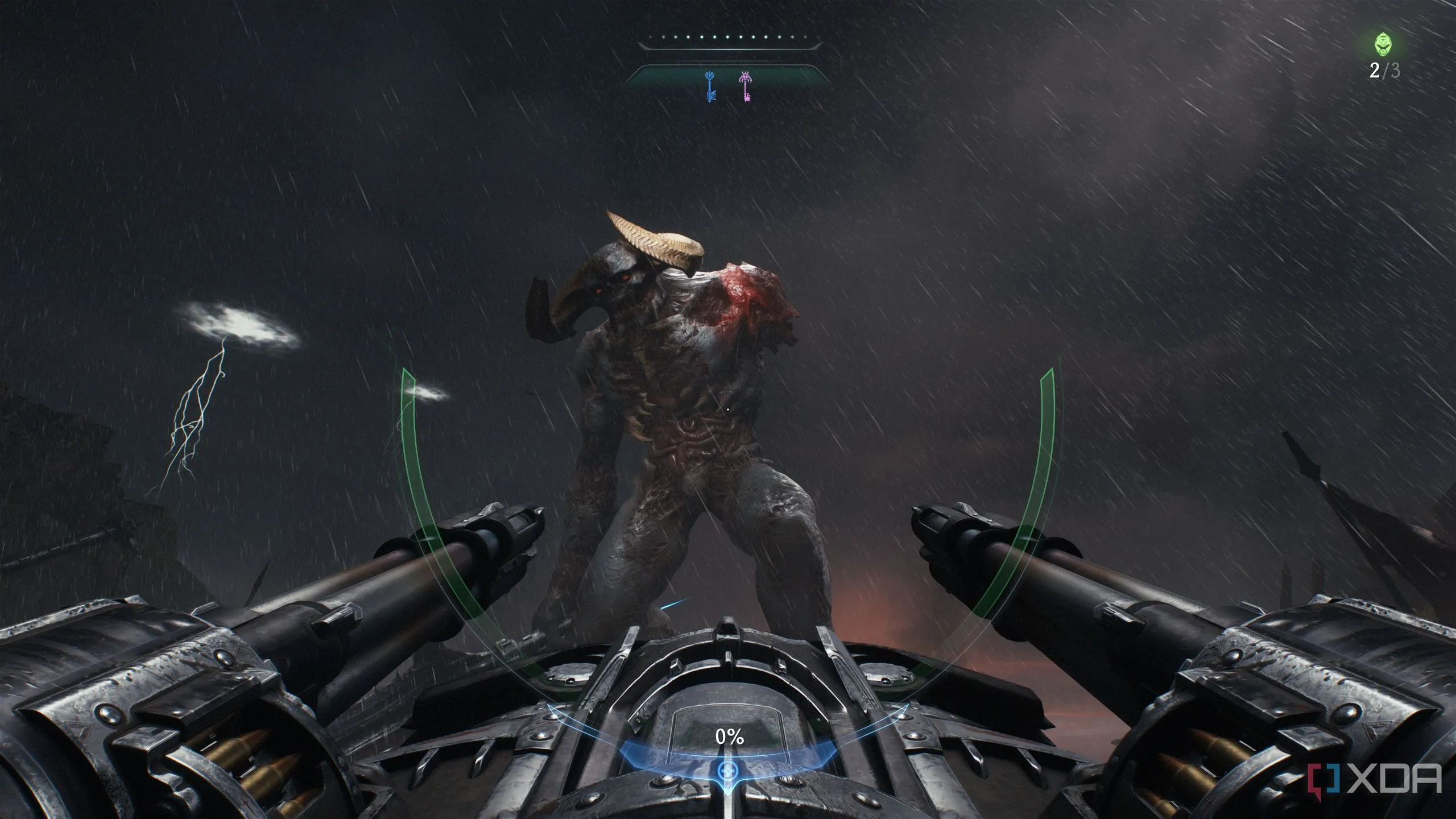 Doom Slayer điều khiển tháp pháo hạng nặng tấn công một con quỷ khổng lồ trong bối cảnh Doom: The Dark Ages.