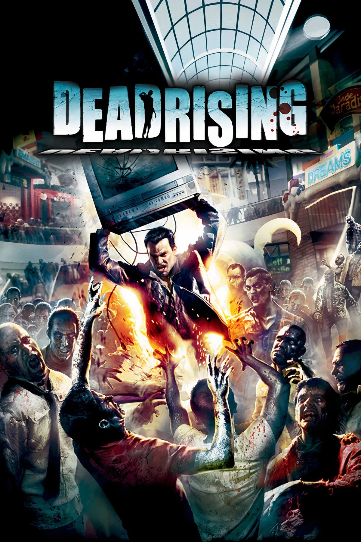 Frank West đang chiến đấu với đám đông zombie trong trung tâm thương mại của Dead Rising, thể hiện cuộc chiến sinh tồn khắc nghiệt trong 7 ngày chế độ Infinity.
