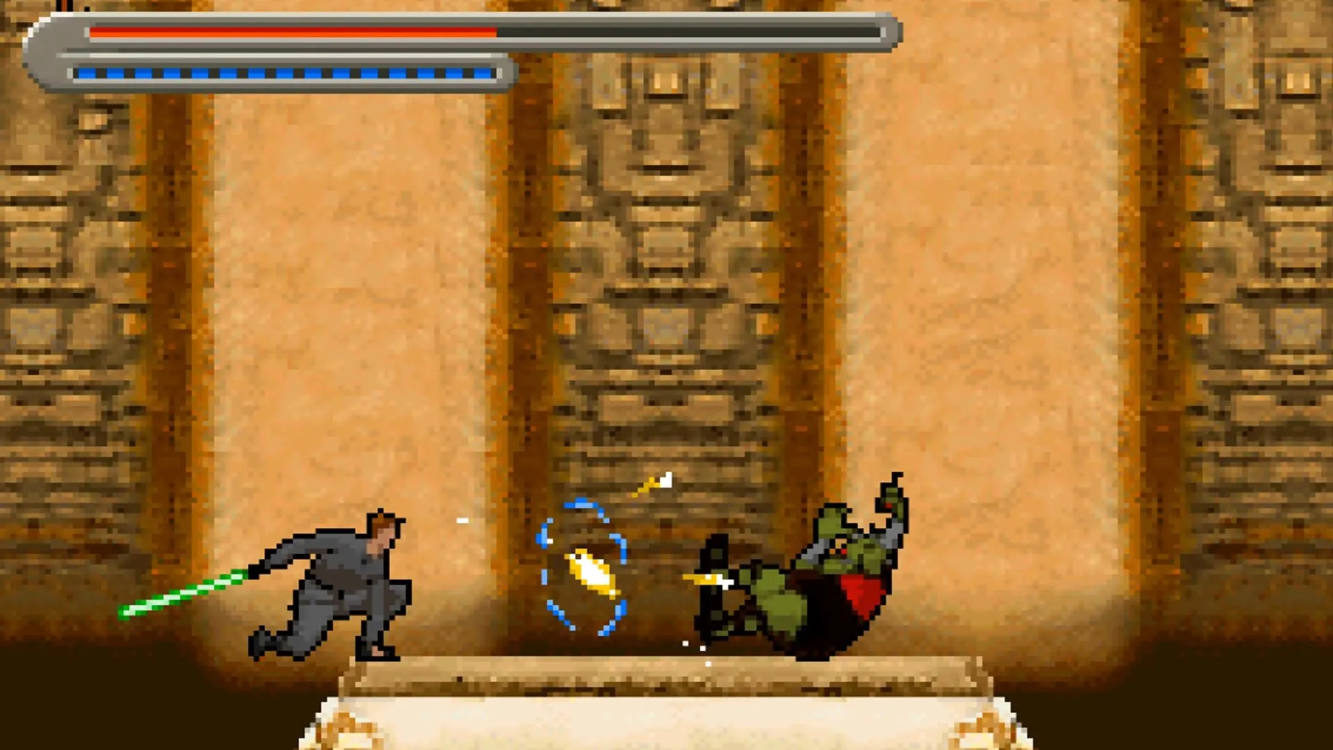 Gameplay của game Star Wars Trilogy: Apprentice of the Force trên Game Boy Advance, cho thấy một nhân vật Jedi đang sử dụng Lightsaber