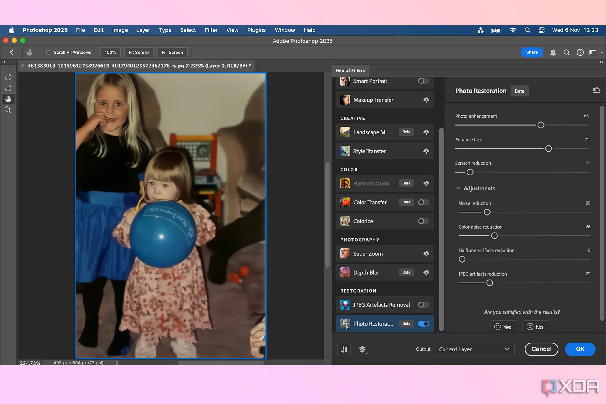 Giao diện Adobe Photoshop hiển thị tính năng phục hồi ảnh sử dụng trí tuệ nhân tạo (AI), cho thấy khả năng tự động hóa các tác vụ phức tạp và tăng cường hiệu quả công việc