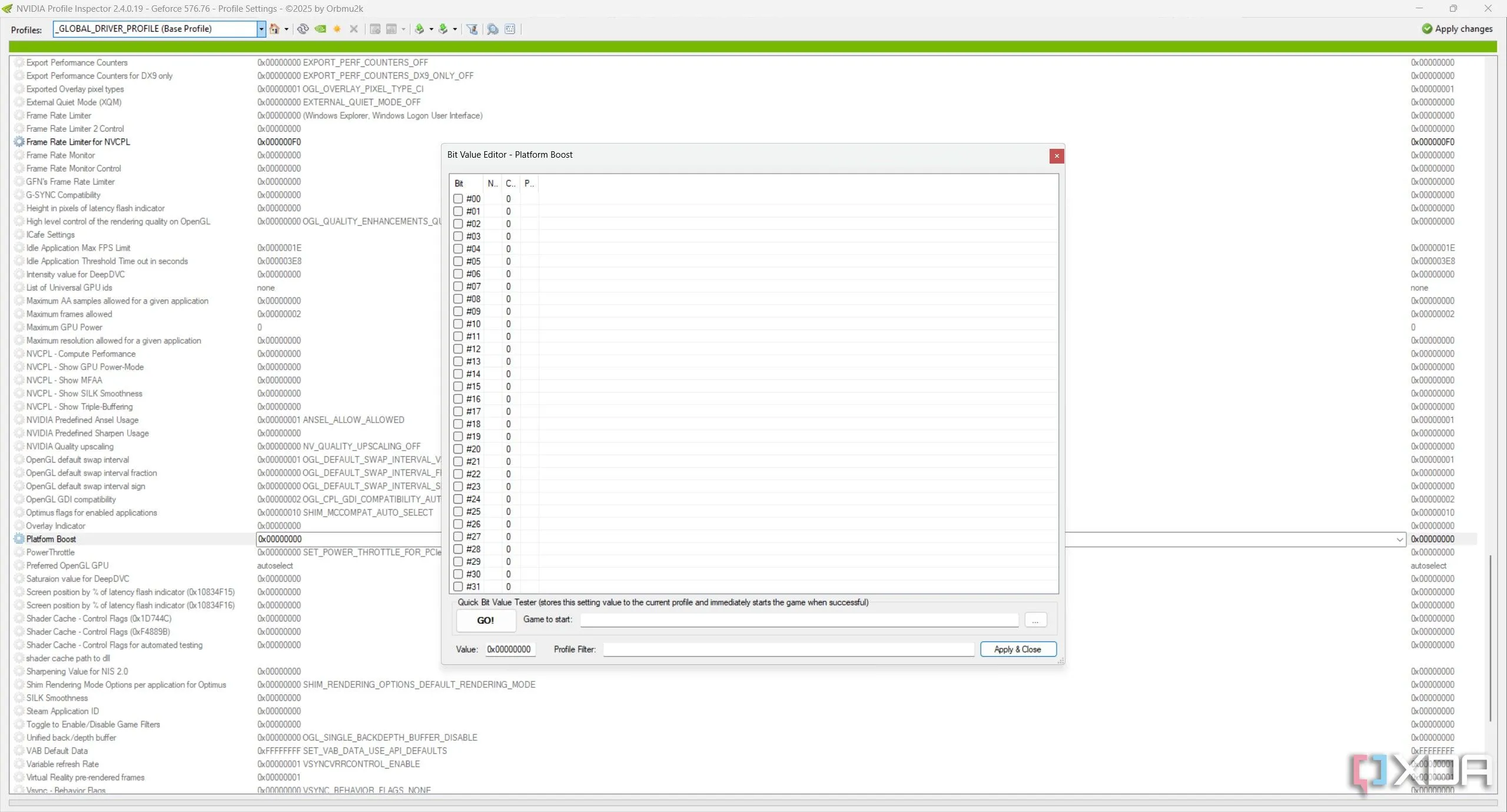 Giao diện Bit Editor trong Nvidia Profile Inspector cho phép chỉnh sửa các thiết lập nhị phân chuyên sâu