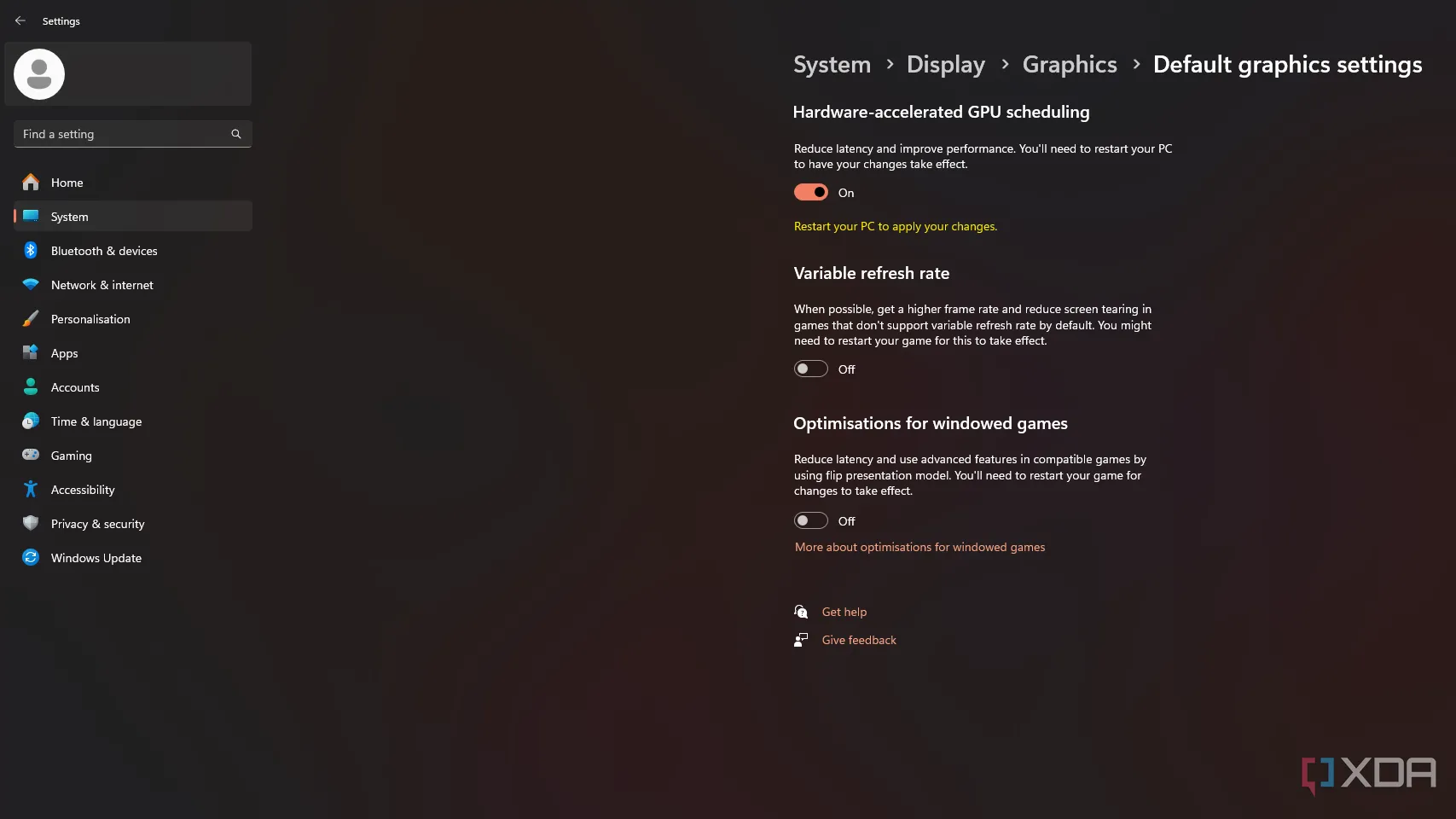 Giao diện cài đặt Đồ họa trong Windows 11 hiển thị tùy chọn bật Lập lịch GPU được Tăng tốc Phần cứng (HAGS) để cải thiện hiệu năng chơi game.