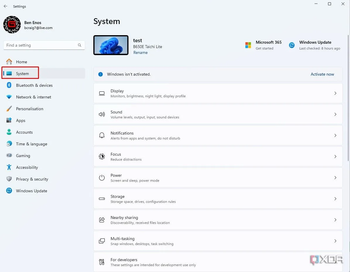Giao diện cài đặt Hệ thống (System) trong Windows Settings