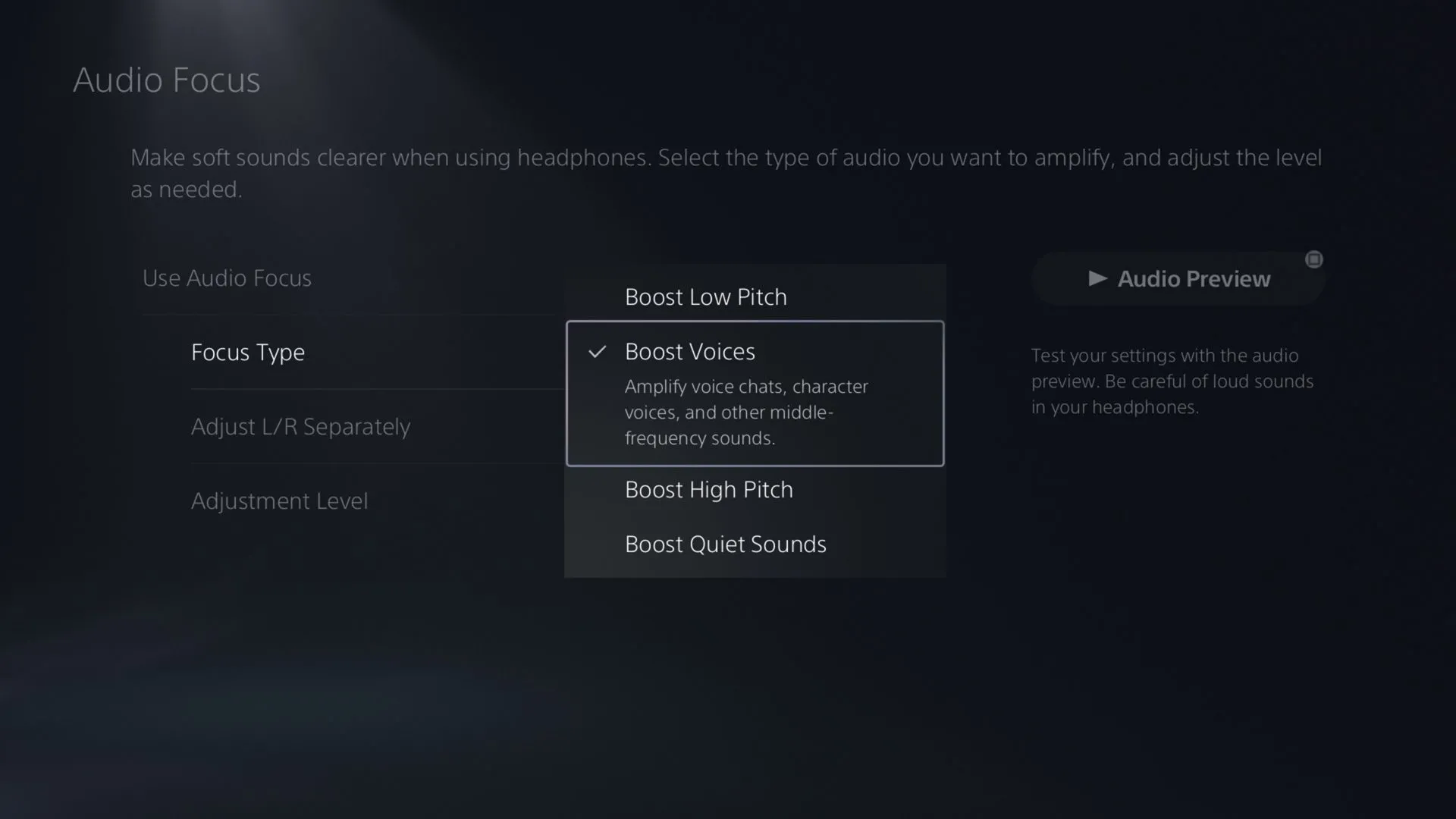 Giao diện cài đặt tính năng Audio Focus mới trên PlayStation 5