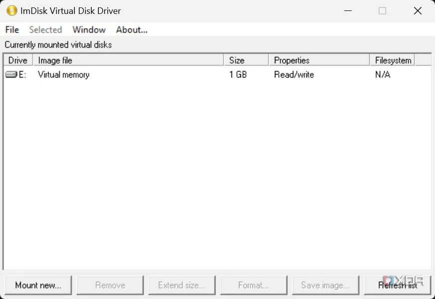 Giao diện chính phần mềm ImDisk Virtual Disk Driver để tạo ổ đĩa RAM ảo trên Windows