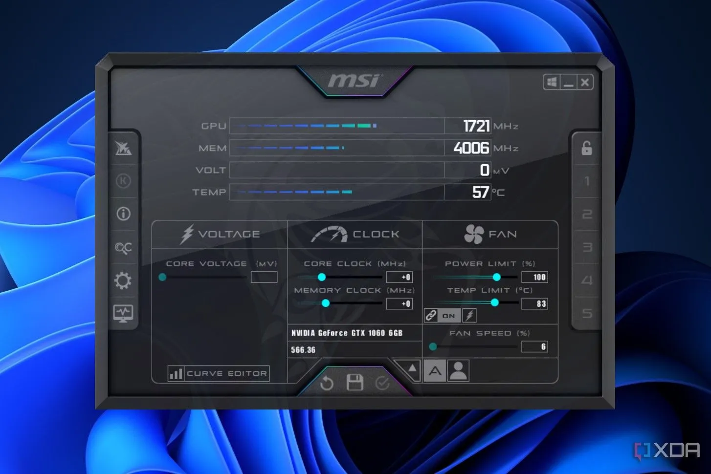 Giao diện chính phần mềm MSI Afterburner, công cụ ép xung và giám sát hệ thống
