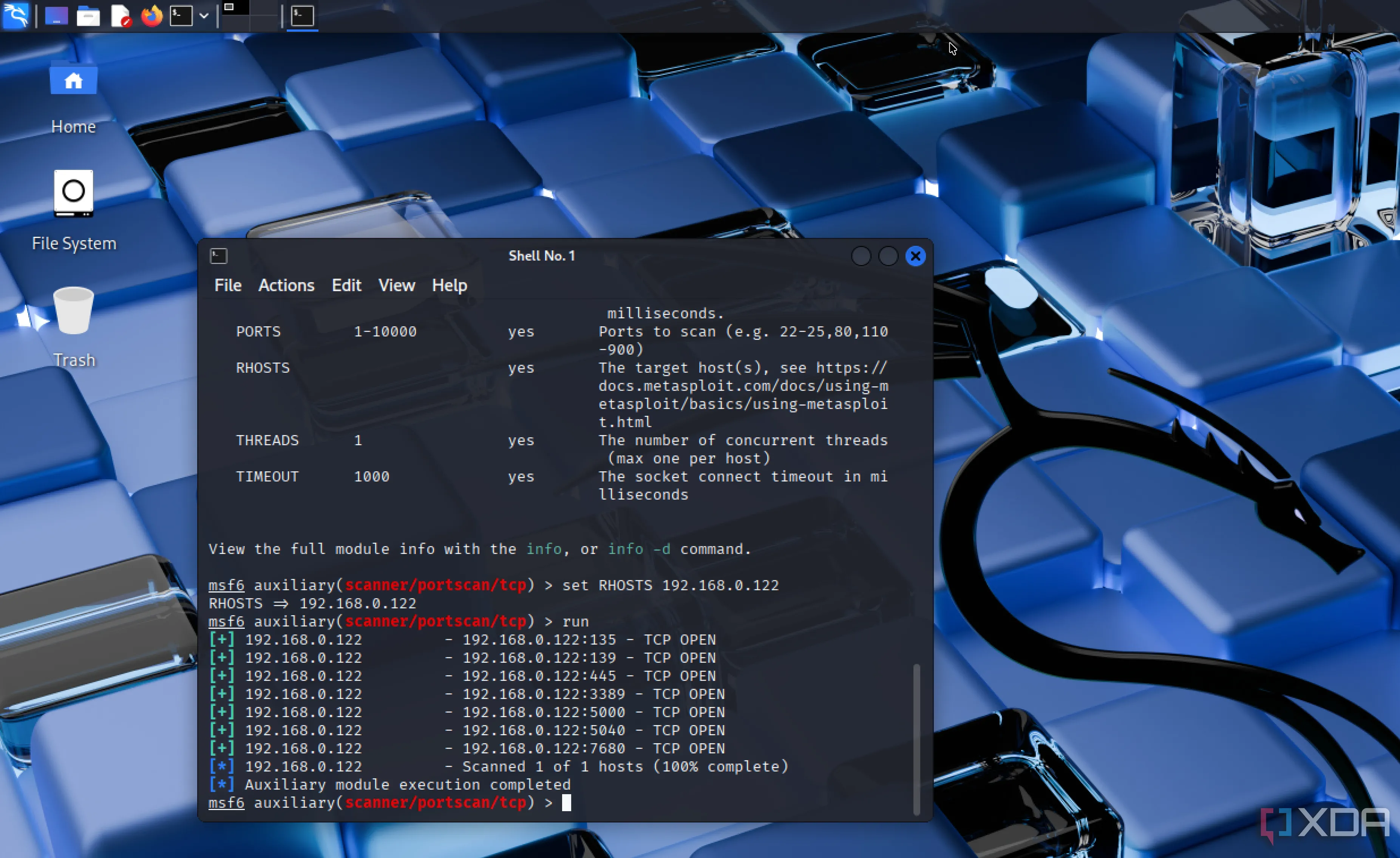 Giao diện điều khiển của Metasploit Framework đang thực hiện mô phỏng tấn công để kiểm thử lỗ hổng bảo mật trên hệ thống.