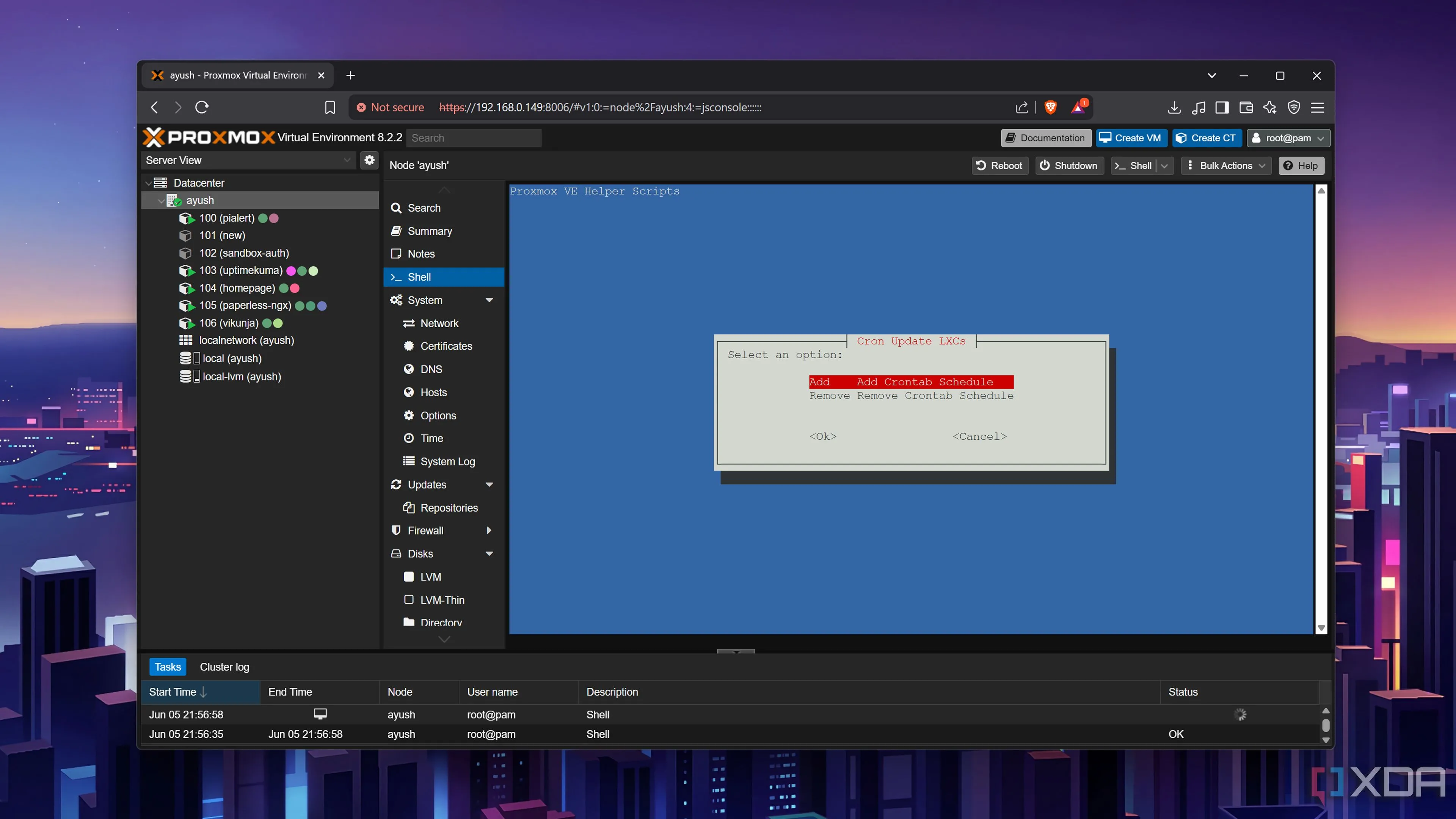 Giao diện dòng lệnh Proxmox khi script Proxmox VE Cron LXC Updater đang chạy