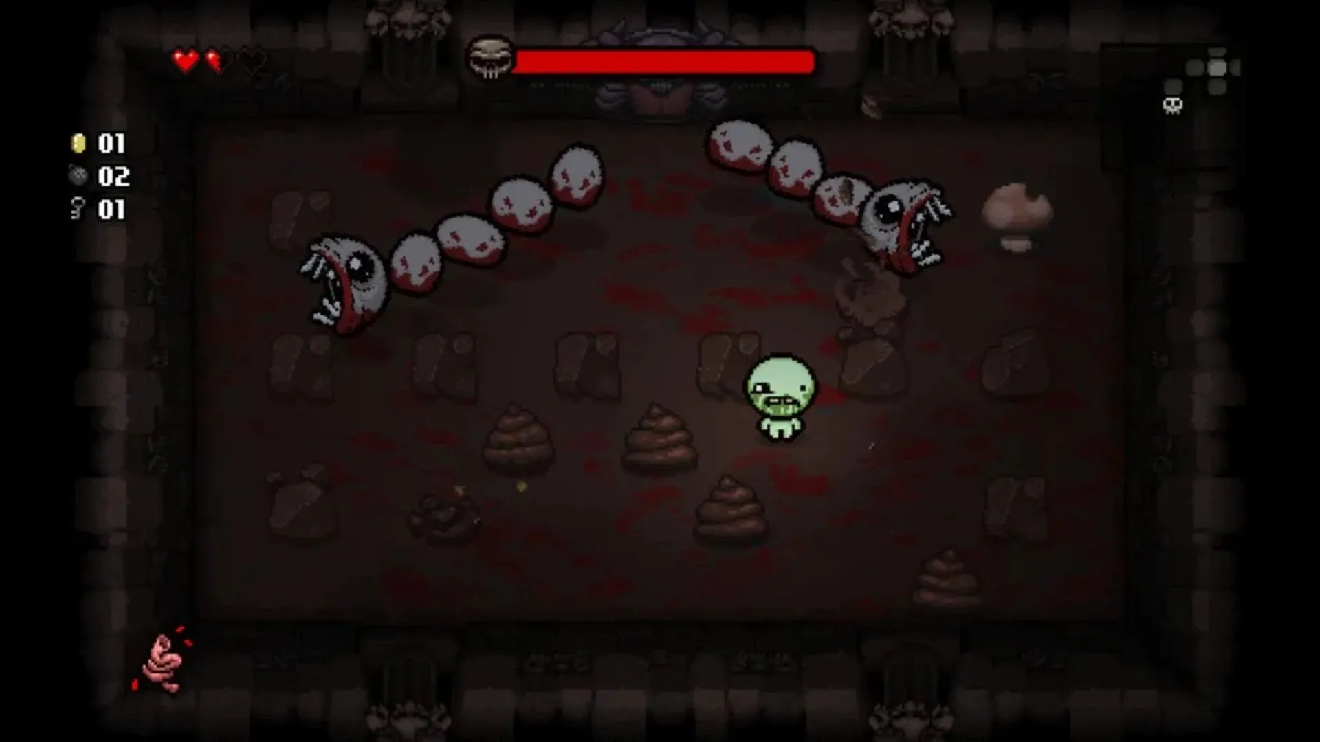 Giao diện gameplay roguelike của The Binding of Isaac: Rebirth với Isaac và quái vật trong hầm ngục