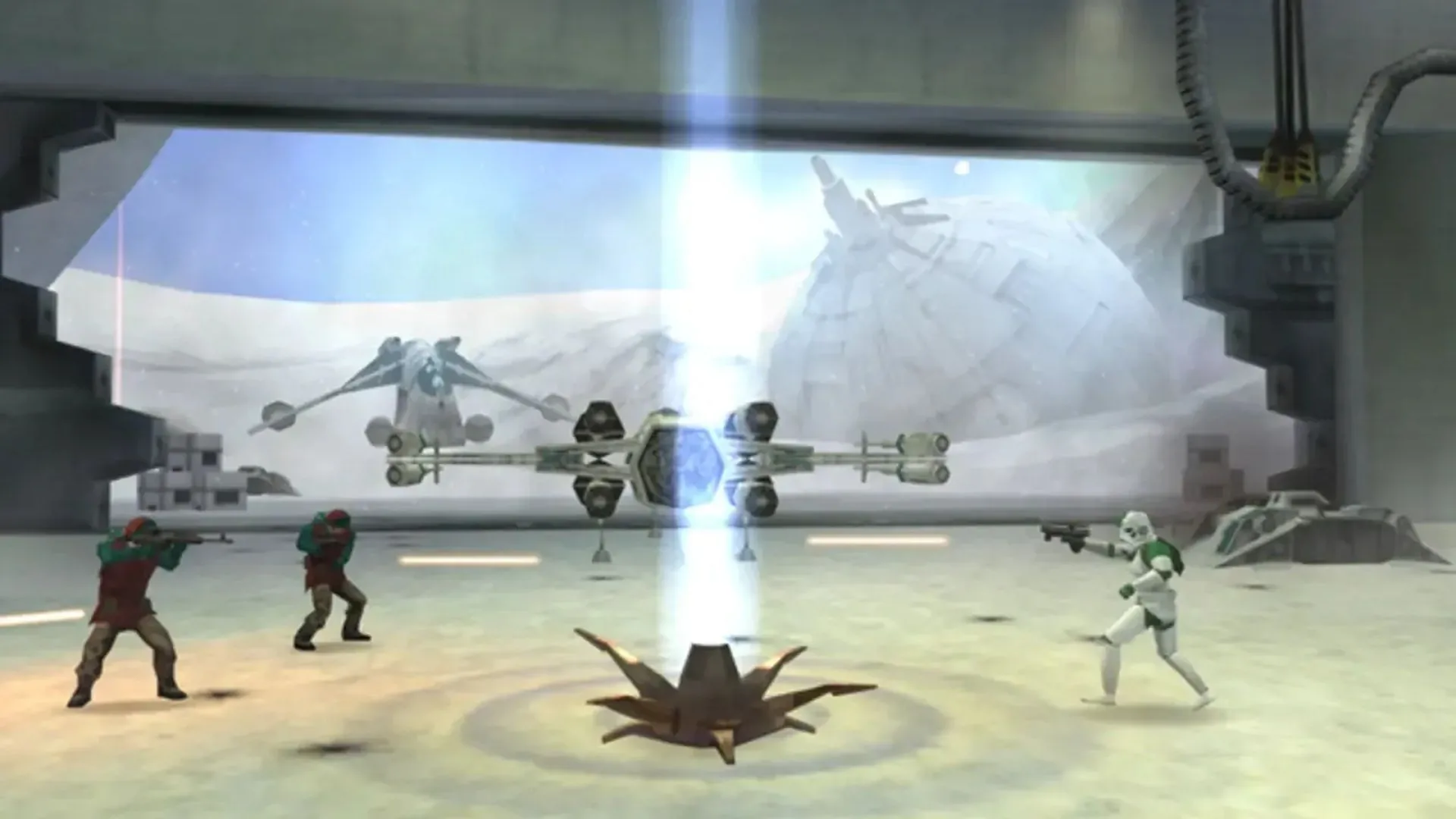 Giao diện gameplay từ Star Wars Battlefront Elite Squadron trên PSP, hiển thị trận chiến trên mặt đất với các binh lính và phương tiện chiến đấu của Star Wars.