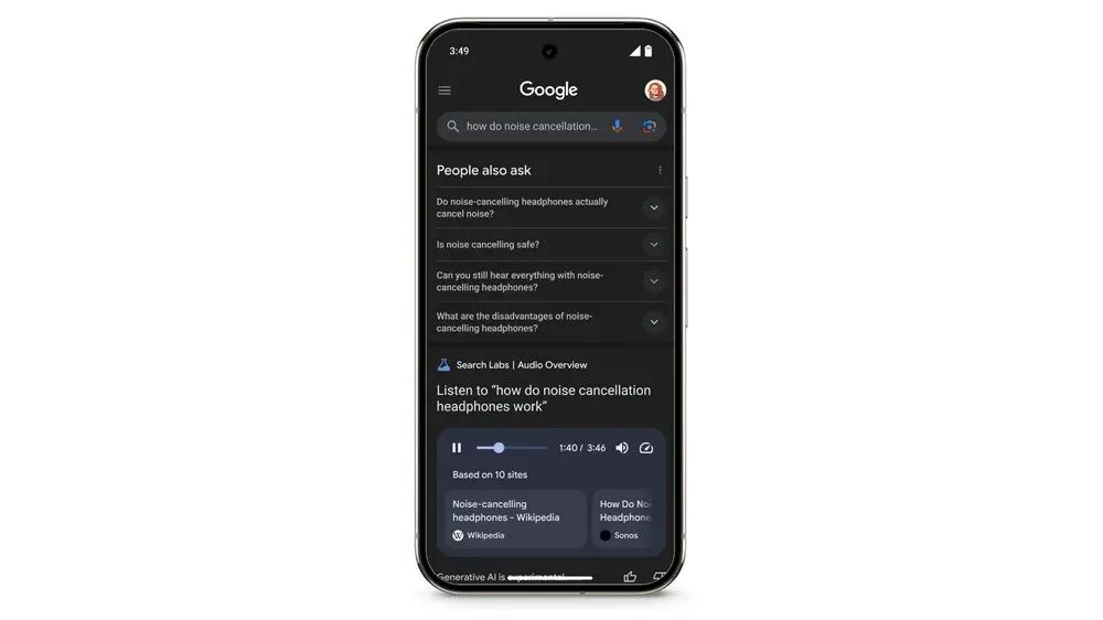 Giao diện Google Search hiển thị tính năng Audio Overview với bản tóm tắt âm thanh được tạo bởi AI Gemini