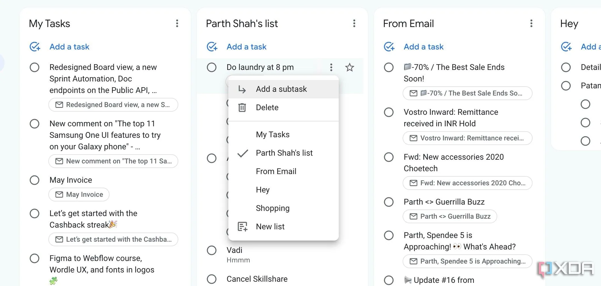 Giao diện Google Tasks hiển thị các tác vụ phụ