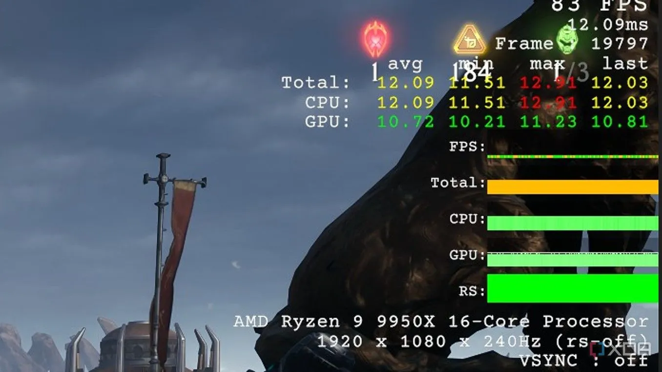 Giao diện hiệu suất trong Doom: The Dark Ages trên hệ thống RTX 4060 cho thấy CPU bottleneck khi thời gian khung hình CPU cao hơn GPU.