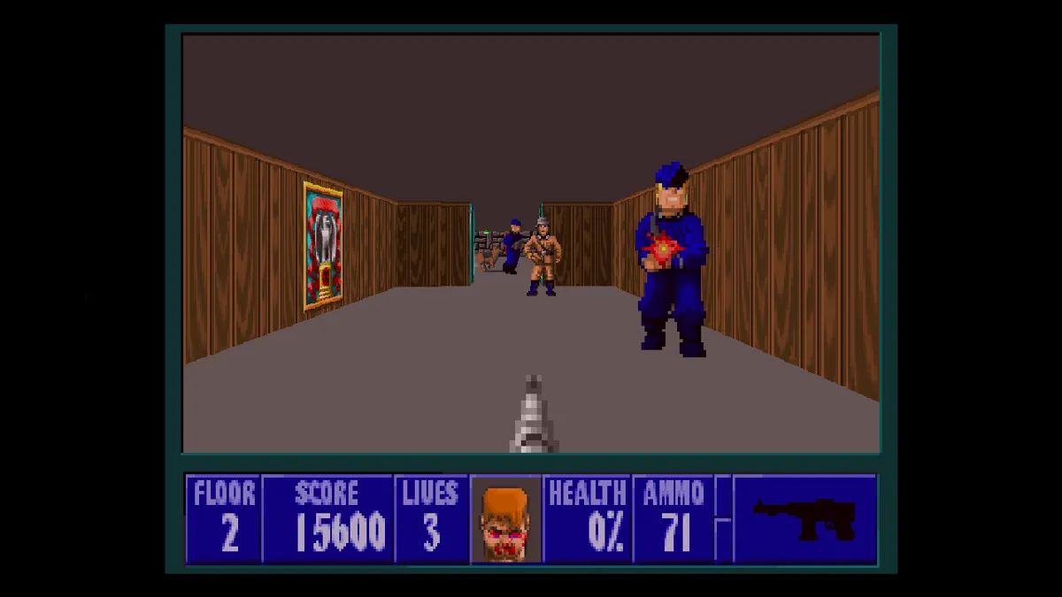 Giao diện mê cung 3D và kẻ thù trong tựa game Wolfenstein 3D năm 1992
